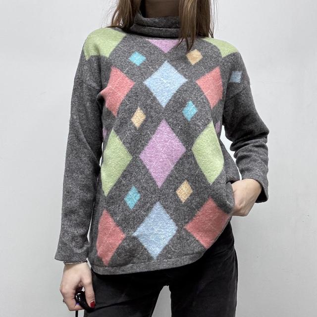 Grey wool slouchy oversized argyle jumper