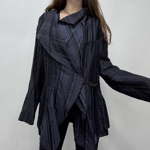 Navy pinstripe asymmetric layered jacket