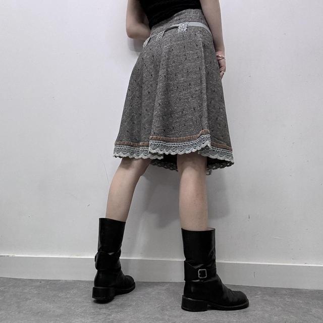 Grey tweed preppy flared lace midi skirt