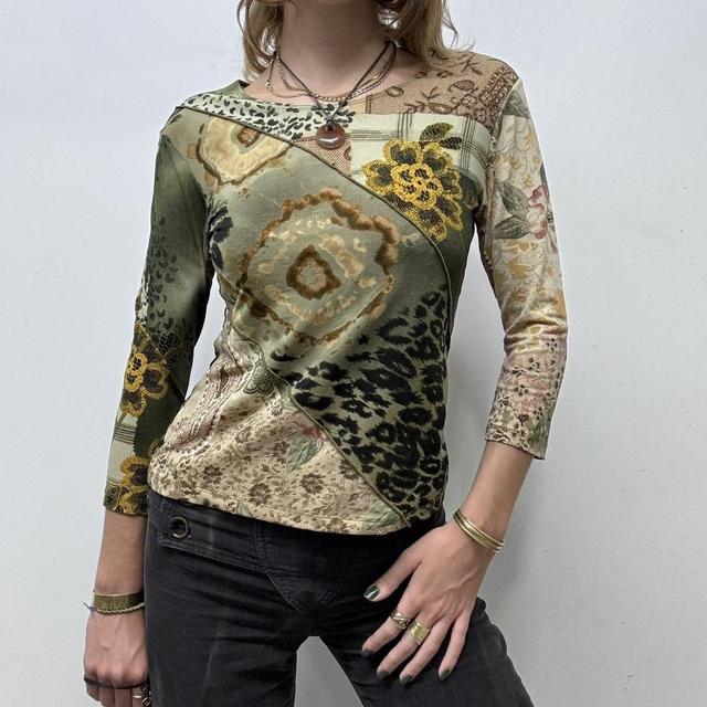 Sheer graphic khaki long sleeve top