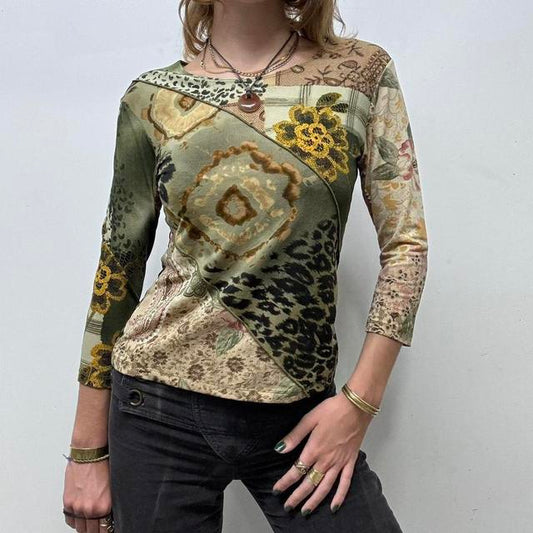 Sheer graphic khaki long sleeve top