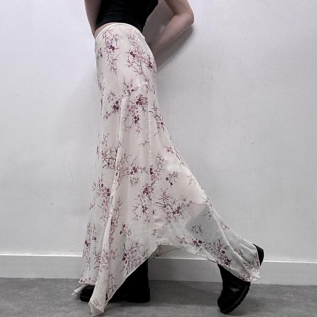 Sheer cream floral asymmetric maxi skirt