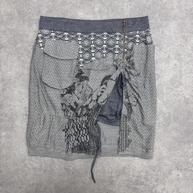 Grey graphic patterned asymmetric midi skirt