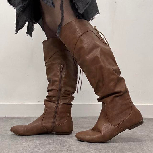 Faux leather lace up slouchy boots