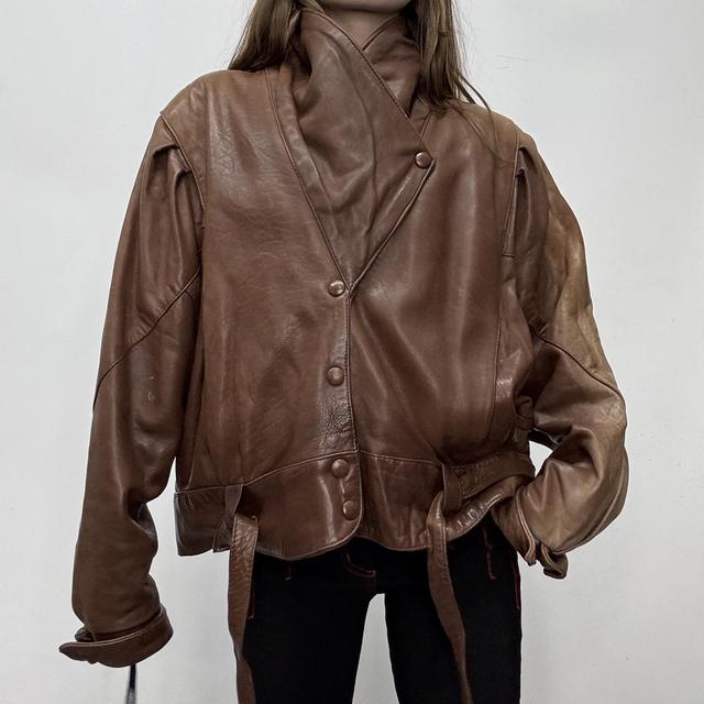 Brown leather batwing biker jacket