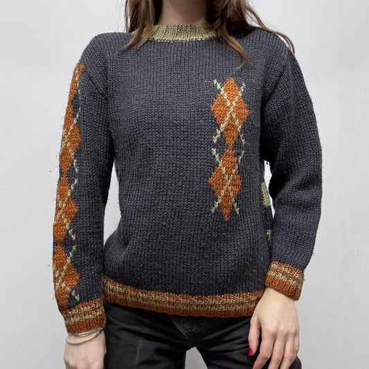 Oversized slouchy knit argyle striped jumper