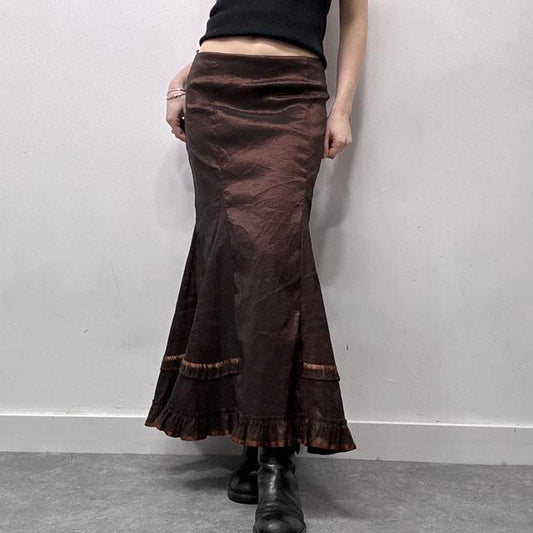 Brown satin flared maxi skirt
