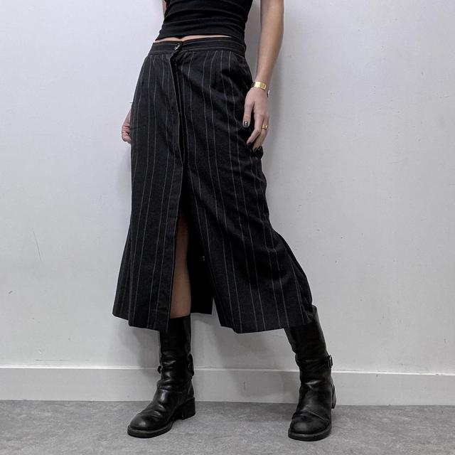 Grey pinstripe flared slit midi skirt