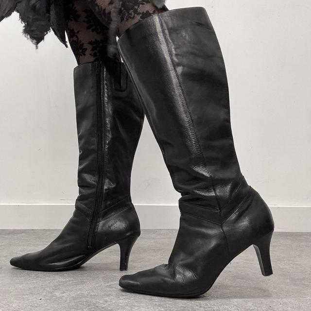 Black leather heel boots