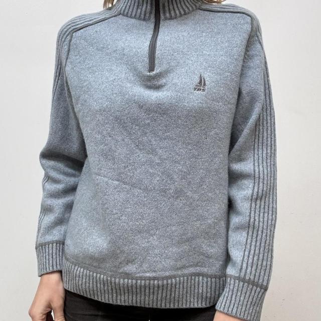 Blue wool ribbed 1/4 knit zip
