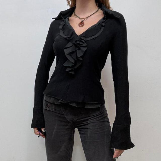 Black ruffle flare shirt