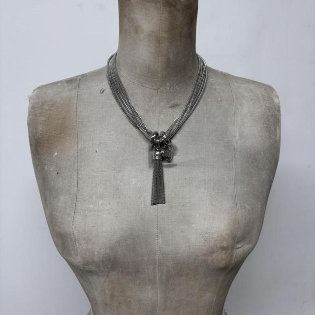 Layered chunky silver chain tassle necklace