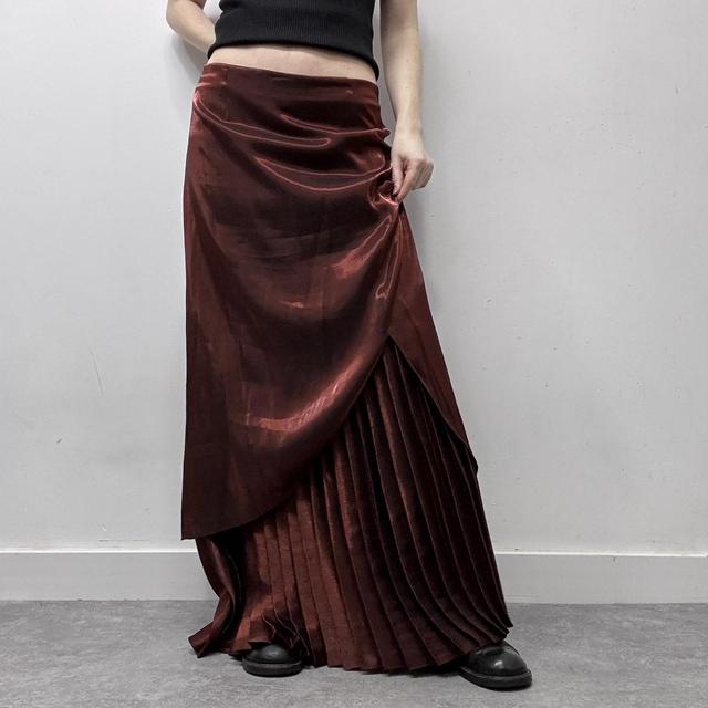 Red layered pleated maxi skirt