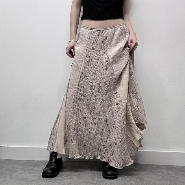 Beige lace flared pinstripe maxi skirt