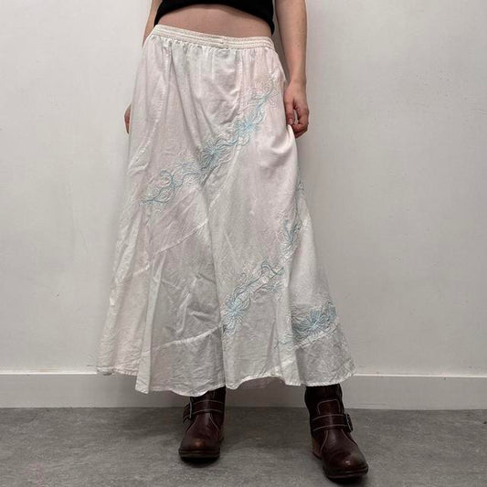 White cotton embroidered flared maxi skirt