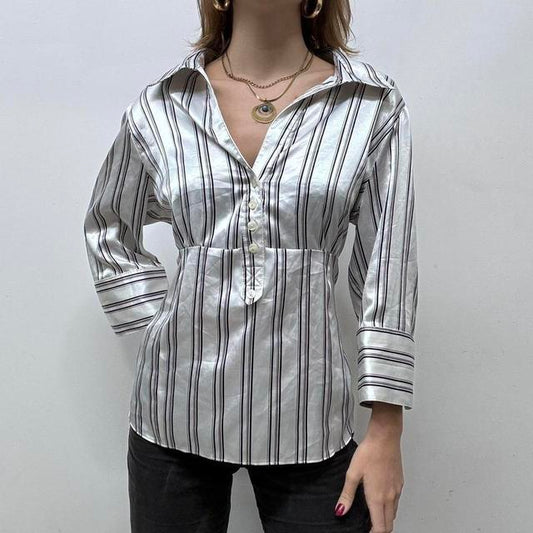 Satin pinstripe flared office shirt