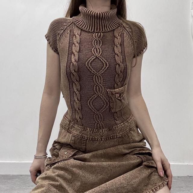 Brown distressed cable knit cargo denim dress