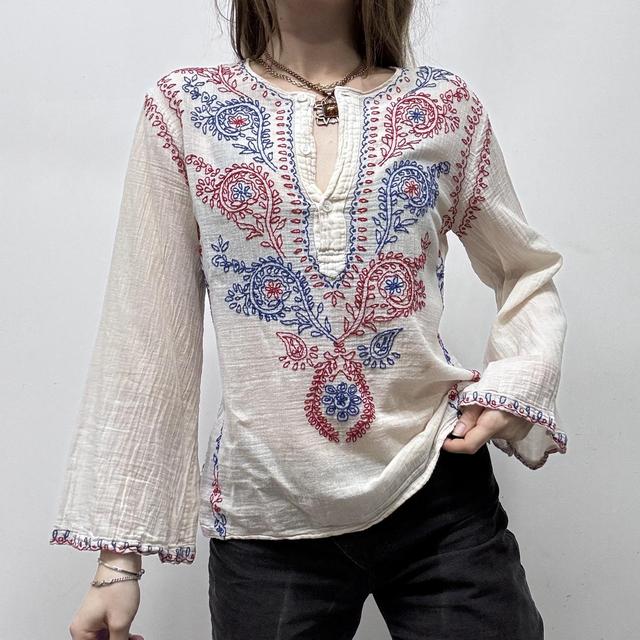 White cotton embroidered flared shirt
