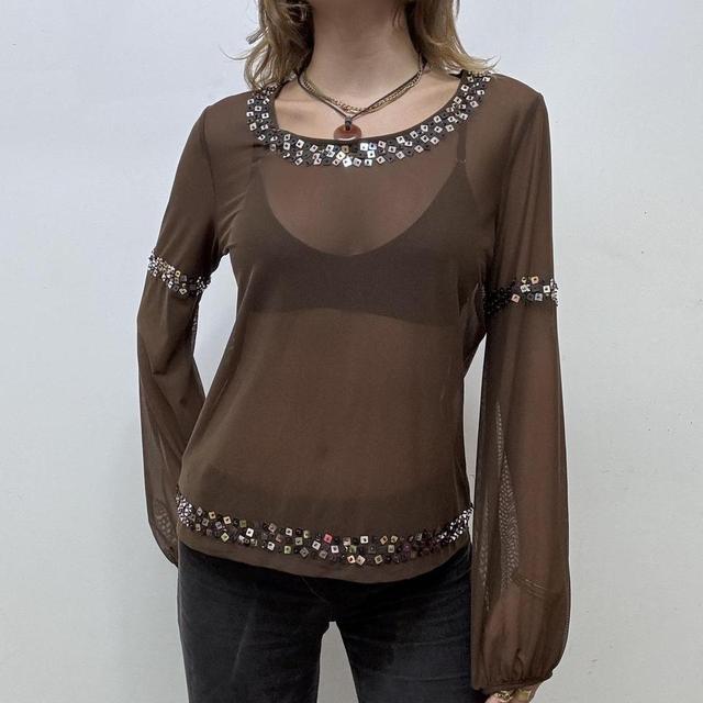 Sheer mesh brown puff sleeve blouse