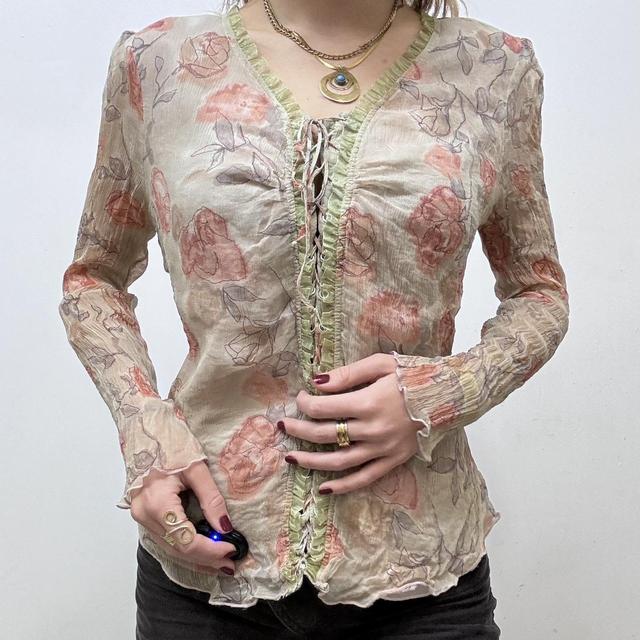 Sheer crinkle floral lace up fairy shirt