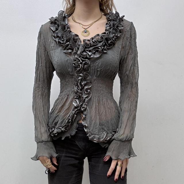 Grey crinkle ruffle flared shirt
