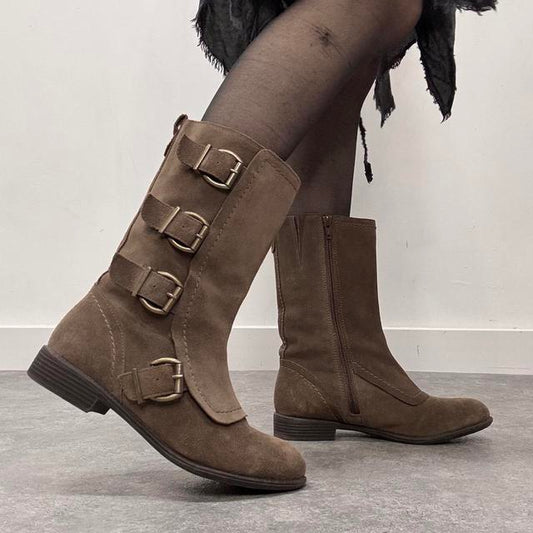Brown suede buckle boots