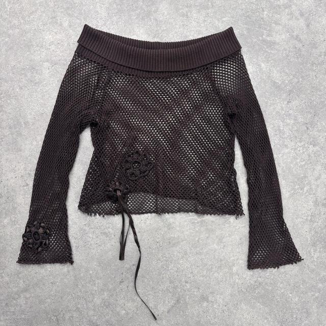Sheer brown mesh lace off the shoulder top