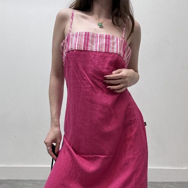 Y2k pink linen pinstripe dress