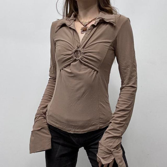 Tan fitted flare gathered shirt