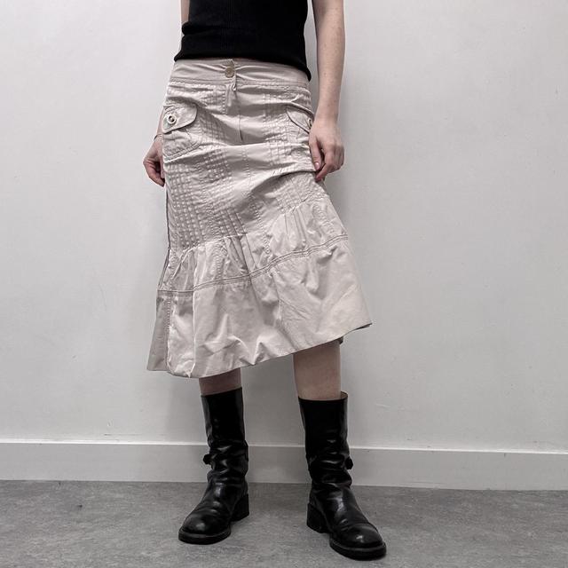 Tan pleated flared midi skirt
