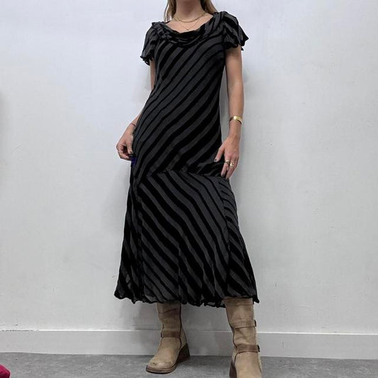 Black bias cut striped velvet maxi dress