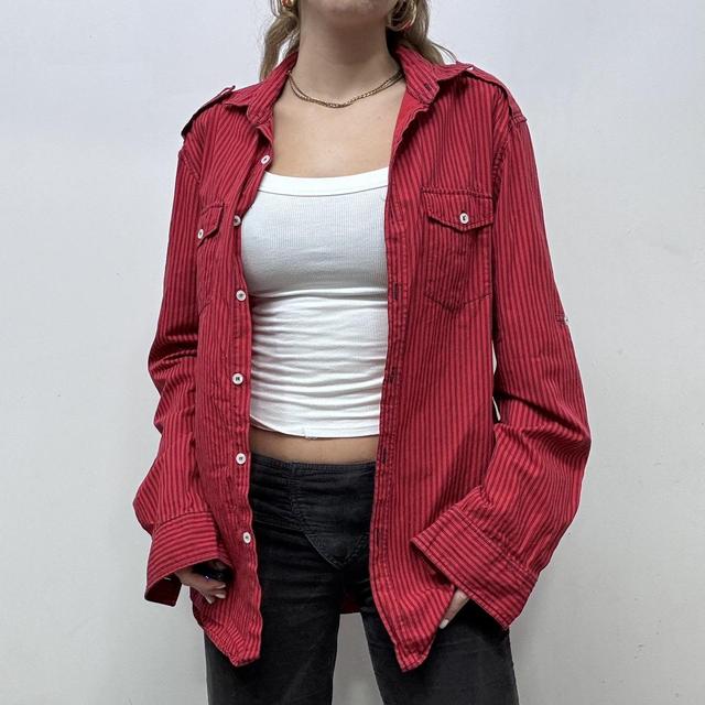 Red flared pinstripe fitted shirt