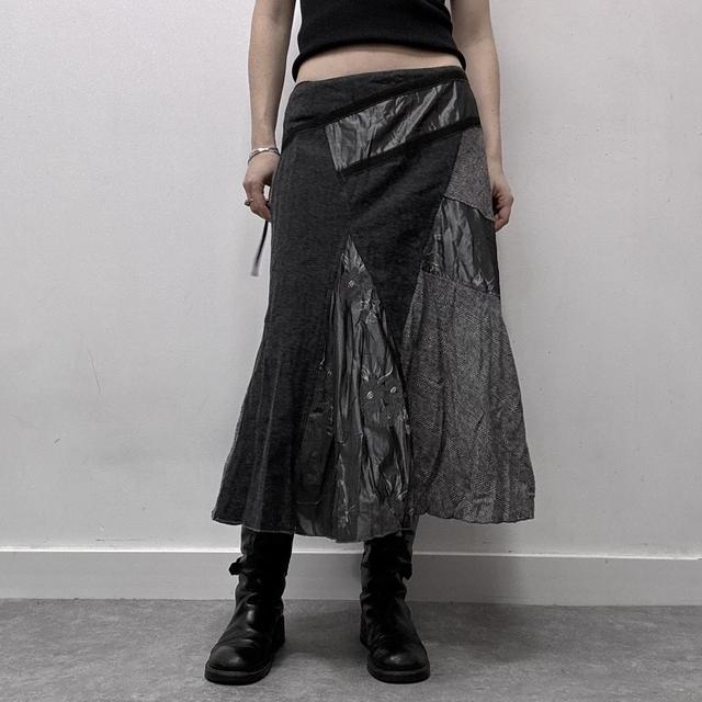 Grey tweed patchwork grunge midi skirt
