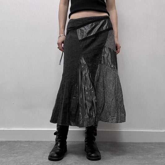 Grey tweed patchwork grunge midi skirt