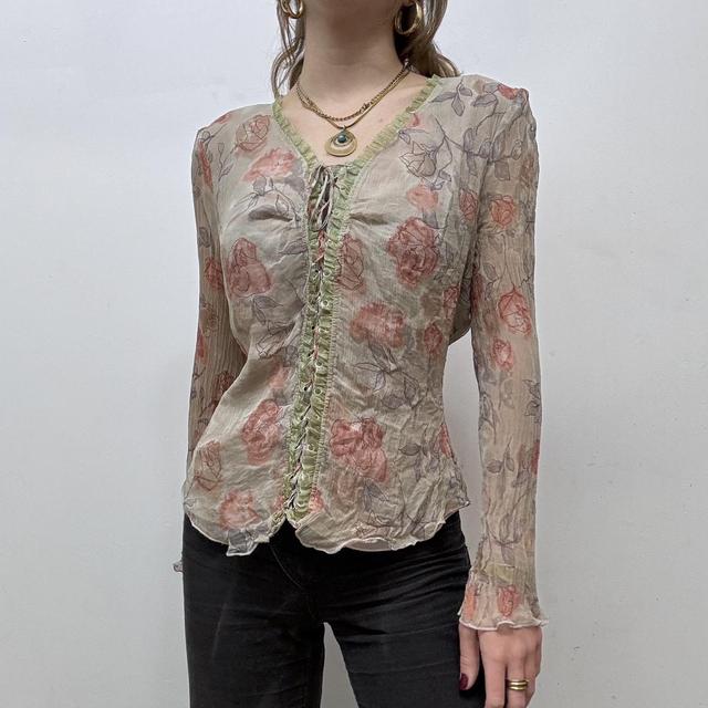 Sheer crinkle floral lace up fairy shirt