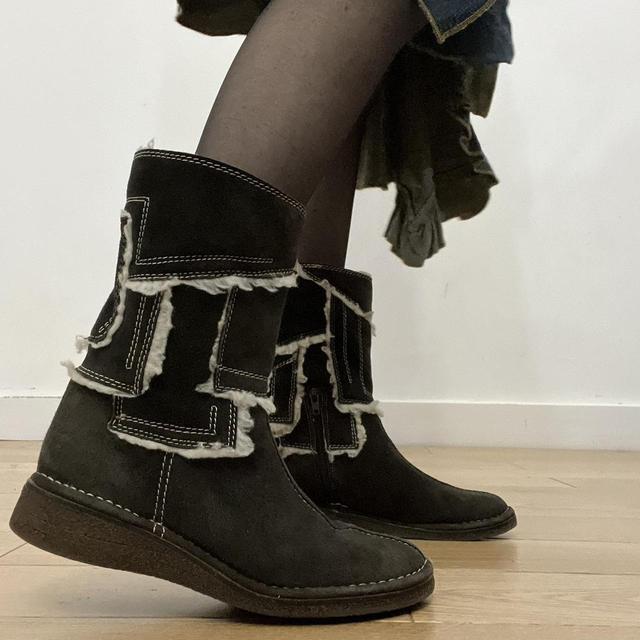 Brown patchwork suede biker boots