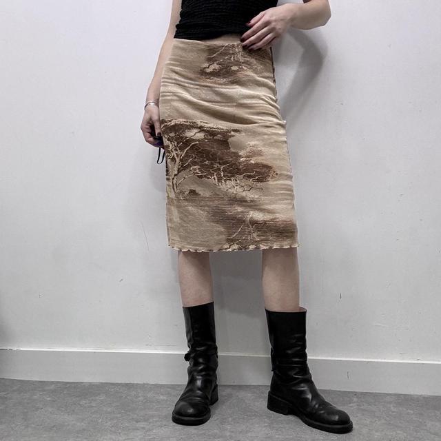 Brown graphic printed mesh midi skirt
