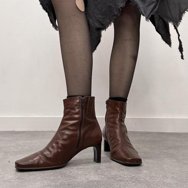 Brown leather heel ankle boots