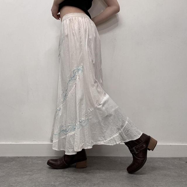 White cotton embroidered flared maxi skirt