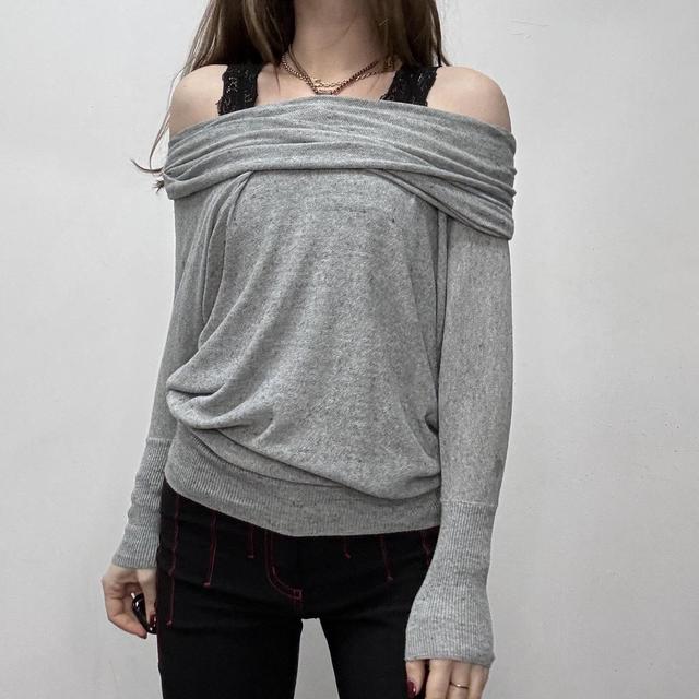 Grey knit slouchy wide neck jumper