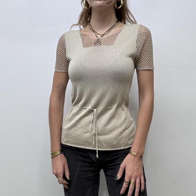 Brown sheer lace crochet bow knit top