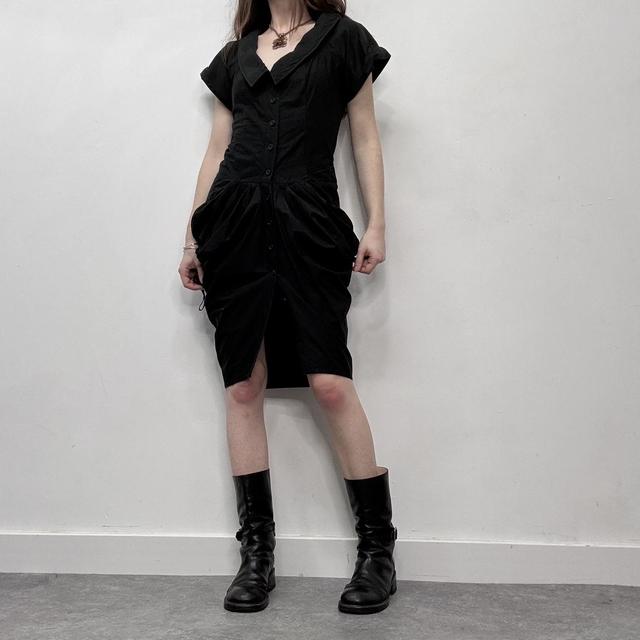 Black puff pleated midi dress