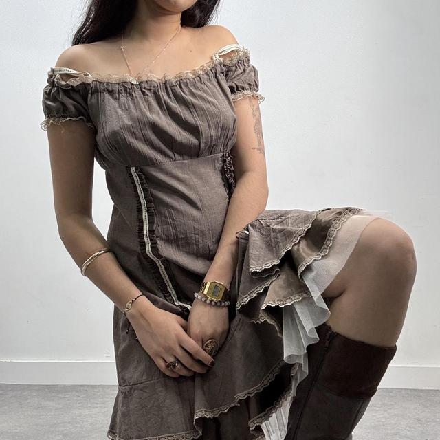 Brown coquette ruffle lace dress