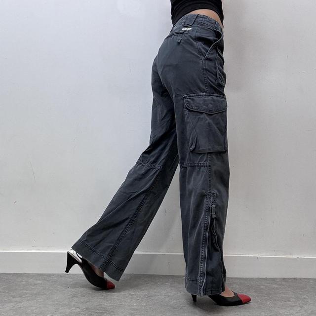 Navy distressed flared cargo trousers