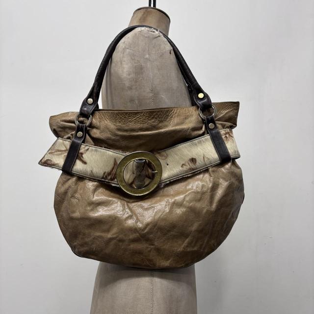 Tan leather buckle cowhide shoulder bag