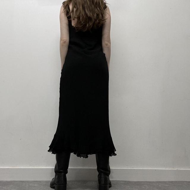Black ruffle flared bias dress
