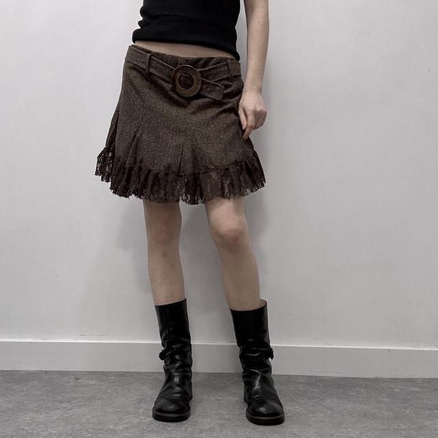 Lace tweed brown mini ruffle skirt
