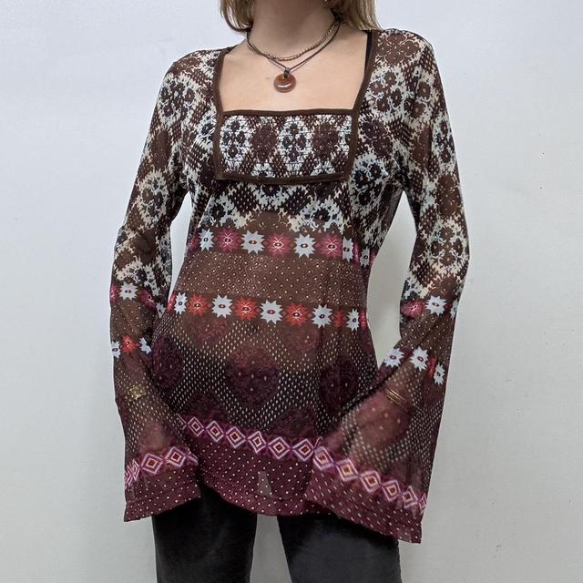 Boho flared brown micro mesh top