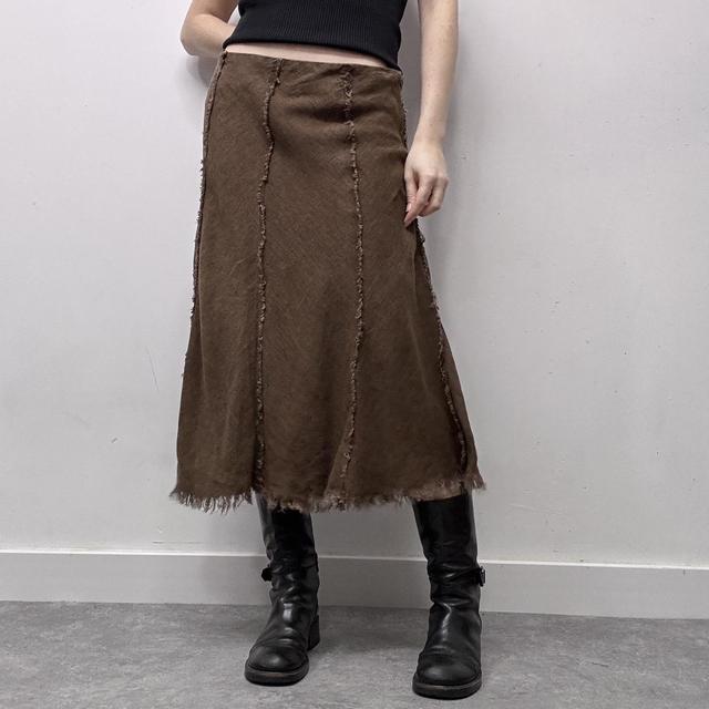 Brown distressed frayed maxi skirt