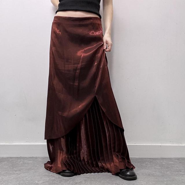 Red layered pleated maxi skirt